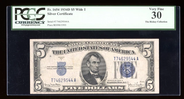 DBR 1934-D $5 Silver Fr. 1654Wi Wide I TA Block PCGS 30 Serial T74629544A