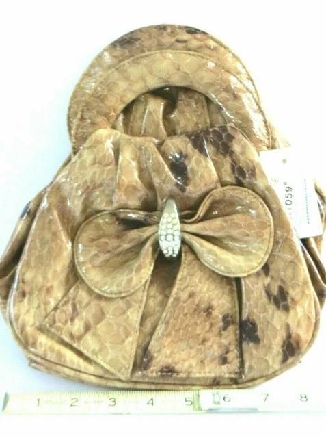 NWT Purse Small Womens Tan Beige Pattern Bag Bow W/ Bling Chain Shoulder Strap