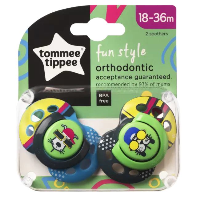 Tommee Tippee Closer to Nature Fun Style Soothers 18-36m 2 Pack BPA Free