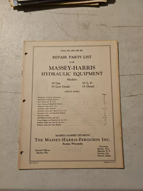 Vintade 1955 Massey Harris Hydraulic Equipment for 55 Tractor Repair Parts List