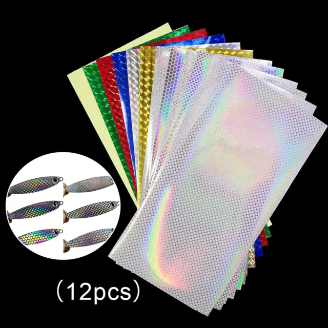 12x Lure Jig Skin Holographic Adhesive Film Fishing Lure Sticker Sheets 20x10cm