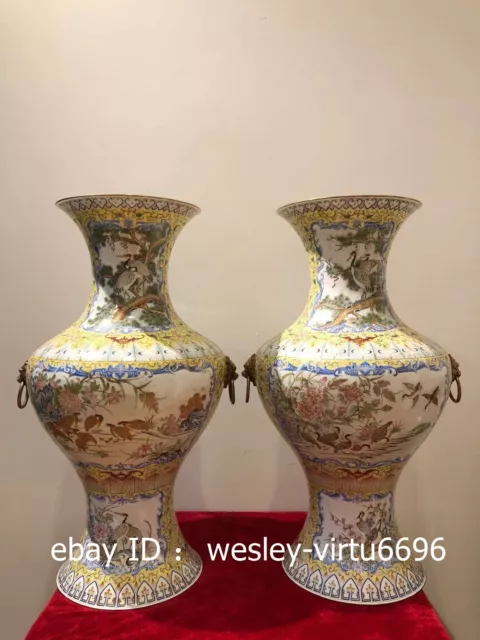 Palace Draw Old Copper Cloisonne Painted Enamel Gold Gilt Flower Birds Vase Pair