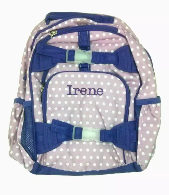 Pottery Barn Kids Small Mackenzie Lavender Purple Polka Dot Backpack name IRENE