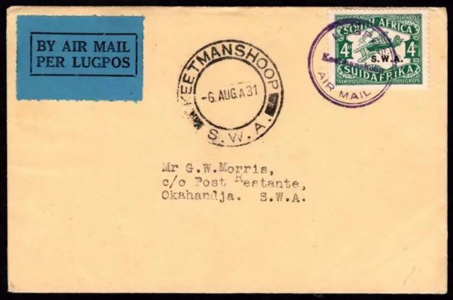 SOUTH AFRICA: 1931 4d Overprint on Airmail Cover to South West Africa (73169)