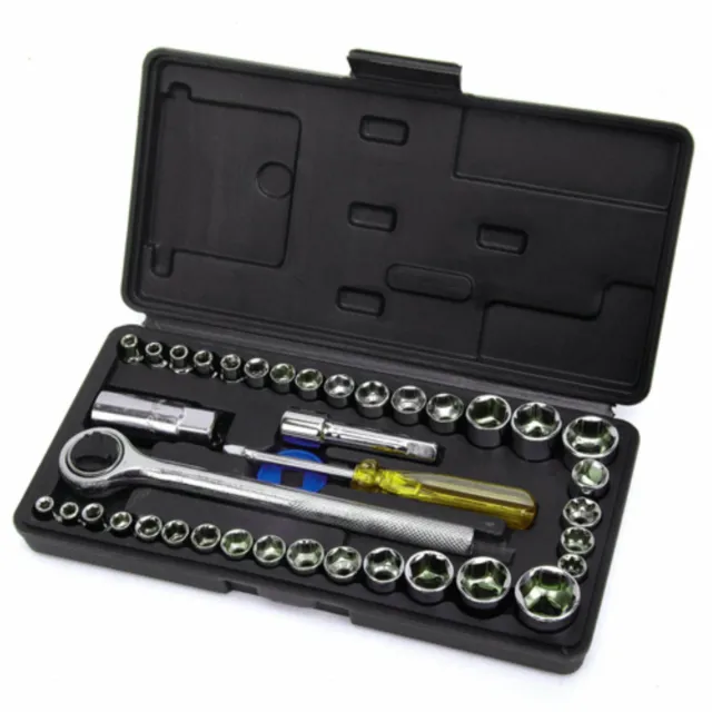 40 Pieces Metric SAE 1/4'' & 3/8" inch Drive Ratchet Socket Wrench Tool Set Case