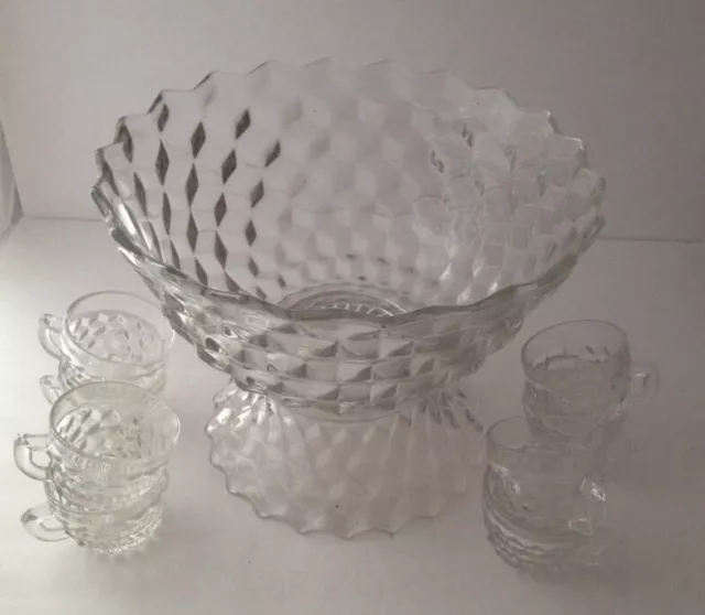 FOSTORIA AMERICAN Clear 13-1/2" Glass PUNCH BOWL, Pedestal 8 Cups Footed Crystal