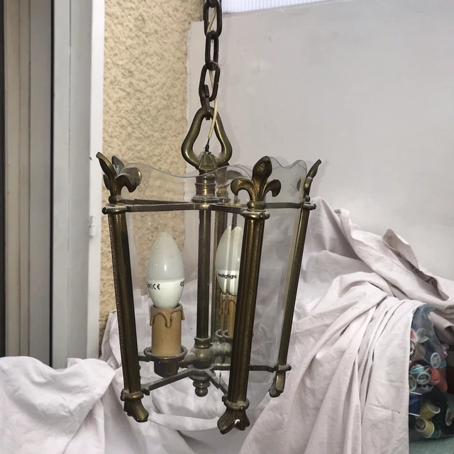 French Vintage Lantern Heavy Brass Pendant Ceiling Light Fixture Fleur De Lys
