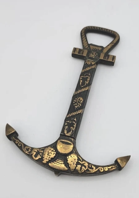 Vintage Cast Iron Anchor Shaped Bottle Opener And Corkscrew Grape Leaves Design