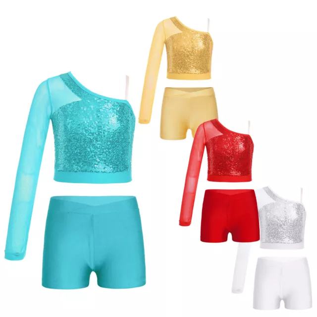 Kids Girls Top And Shorts Figure Activewear Ballroom Dancewear Sequins Unitard