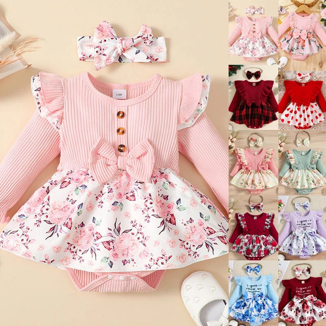 Newborn Baby Girls Floral Ribbed Outfits Long Sleeve Bow Princess Party Dress 2