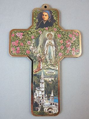 Our Lady of Lourdes Picture Wall Cross on Wood  5" Made in Italy
