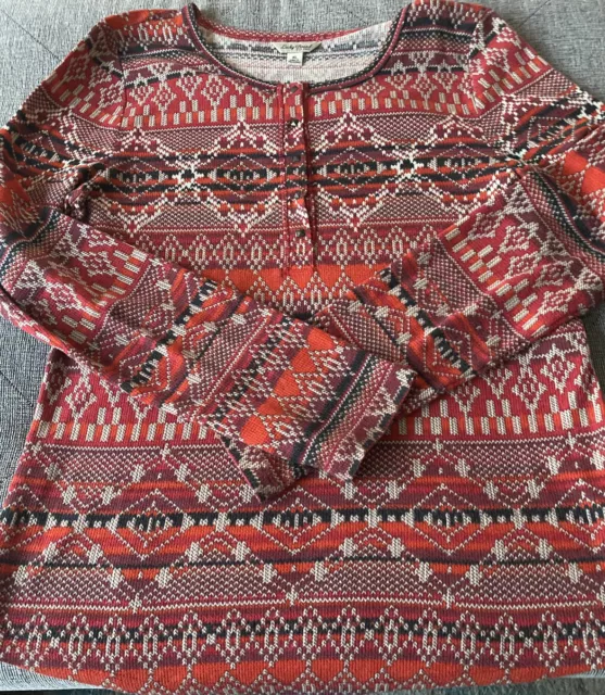 Women’s Lucky Brand Aztec Southwest Pattern Long Sleeve Henley Size XL Red