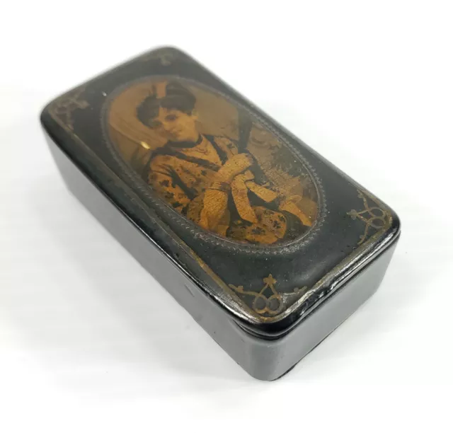 Antique Mache' and Lacquer Snuff Box Rectangular with Decorative Lid