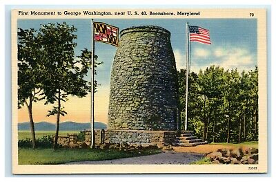 POSTCARD First Monument to George Washington Boonsboro Maryland MD Flags