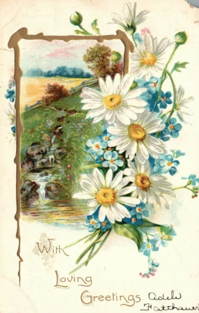 Vintage Postcard 1900's With Loving Greetings Flowers and a Stream