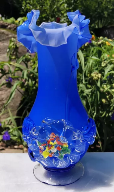 Vintage Murano Art Glass Blue White Multi Color Flower Ruffle Top Vase 8” Tall