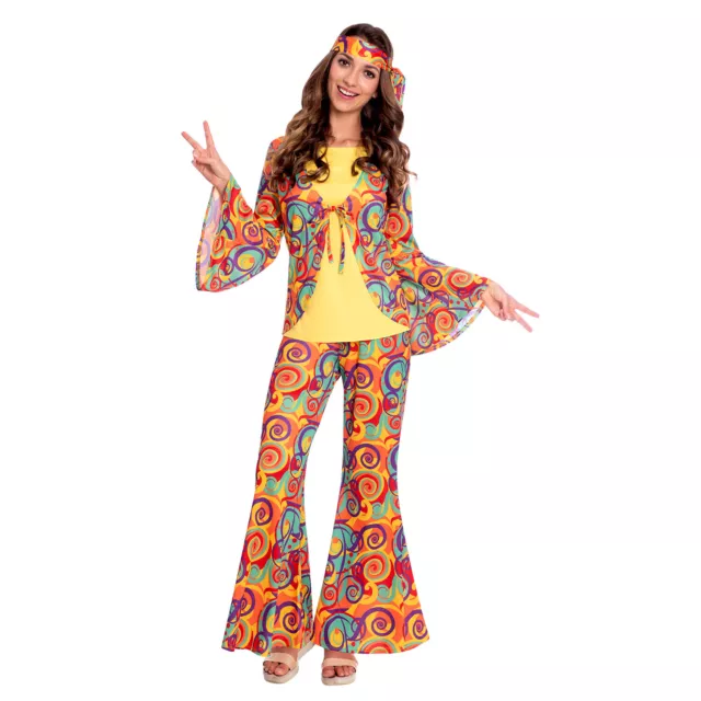 Adult Ladies Hippy Woman Retro Disco Outfit 1960s 60s Hippie Fancy Dress Costume