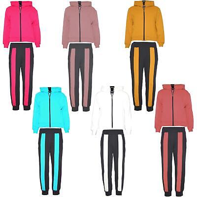 Kids Wide Stripe Tracksuit Girls Hoodie and Joggers Set Top Bottoms 3-14 Years