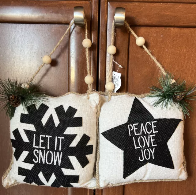 Holiday Time Set Of (2) Farmhouse Mini Pillows ~ Let It Snow ~ Peace Love Joy