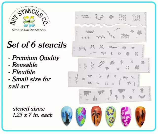 Juego de 6 tiras de plantilla de diseño de arte en uñas aerógrafo florales y escenas ss5
