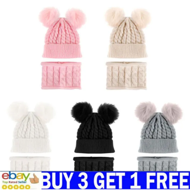 Kids Baby Boys Girls Pompom Beanie Cap Knitted Winter Warm Hat Scarf Set UK CR