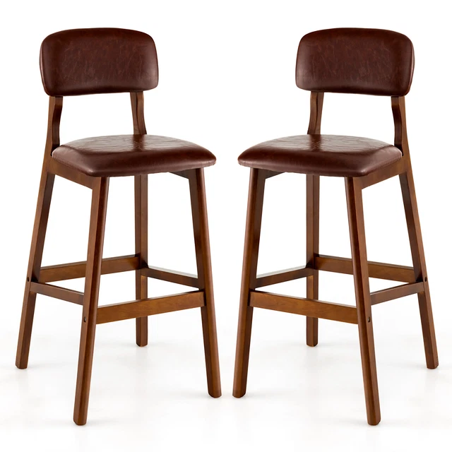 Set of 2 Upholstered PU Bar Stools 29" Dining Chairs w/ Rubber Wood Legs Brown