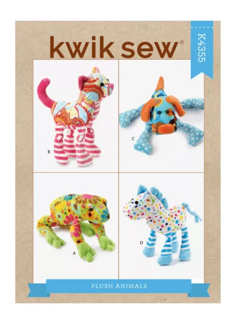 Kwik Sew Pattern 4355 Soft Stuffed Animals Toys Frog Horse  Kitty Dog aprox 9"