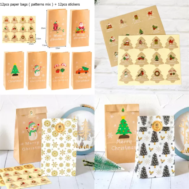 Candy Cookie Christmas Gift Bags Santa Claus Snowflake Stickers Kraft Paper Bag