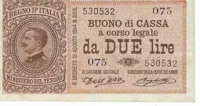 1914 ITALIA REGNO Banconota 2 LIRE "VITTORIO EMANUELE III" decreto 21.09.1914