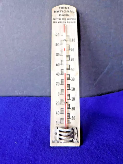 Vintage~Advertising Thermometer~Minneapolis, MN~First National Bank~Wood~8 1/4"~