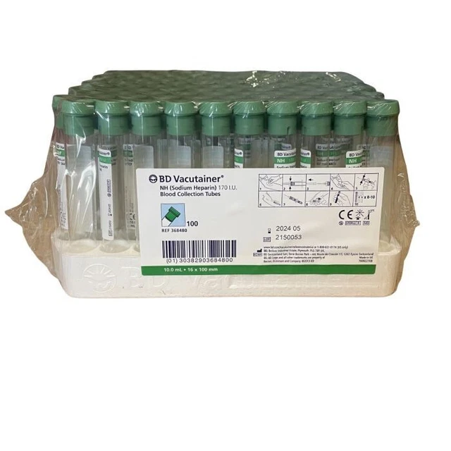 BD VACUTAINER 100 tubes SODIUM HEPARIN 10ML GREEN GLASS blood
