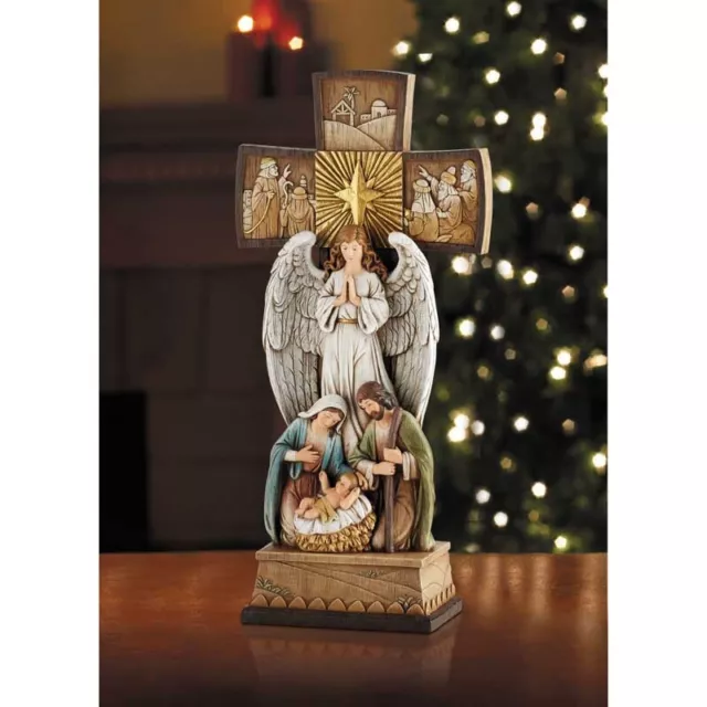 Angel Gabriel With Holy Family Nativity Cross Statue Christmas Home Decor 14 In 2