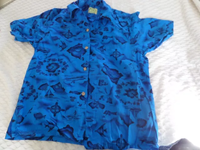 Vtg Ui-Maikai Men's Hawaiian shirt Blue surfers fish  100%cotton 44" chest