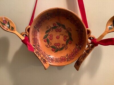 Vintage Northern European Wooden Painted Bowl Matching Spoons Boho Folk Art MCM