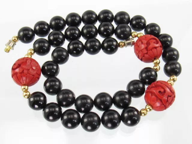 Chinese Red Carved Floral Cinnabar Black Stone Bead Beaded Strand Necklace