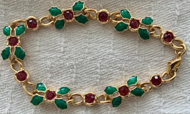 Vintage Avon Gold Tone Christmas Bracelet Red Rhinestones Green Enamel Holly 8"