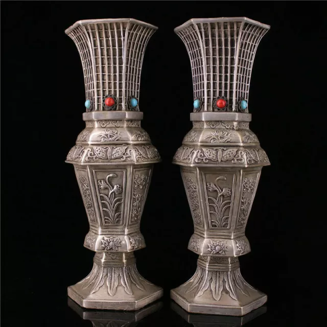 10.63"China copper silvering inlay Turquoise Handmade carved pattern vase A pair