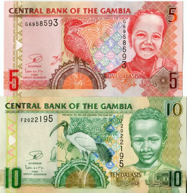Gambia Banknoten 10 5 Dalasis Lot 2 Geldscheine Papiergeld aus Afrika Gambia UNC