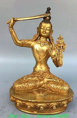 7.4'' Tibet Tibetan Bronze Gilt Sword Wenshu Manjushri Goddess Buddha Statue