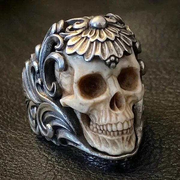 Vintage Polish Floral Armor Antler Skull Ring Adjustable Open Gothic Punk Ring