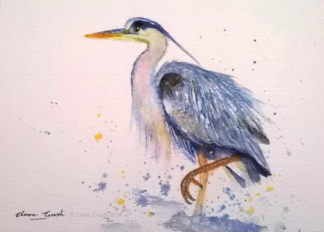 ORIGINAL signiertes Aquarellgemälde HERON Vogelkran Wildlife Art Clare Crush