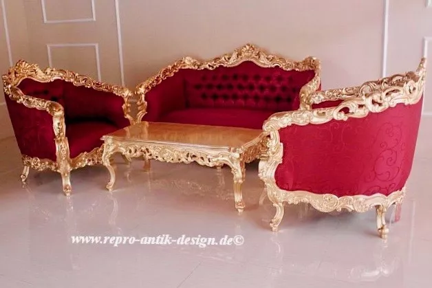 Baroque Sofa Couch Setting Antique Solid Leaf Gold Upholstered Furniture Style Art Vintage