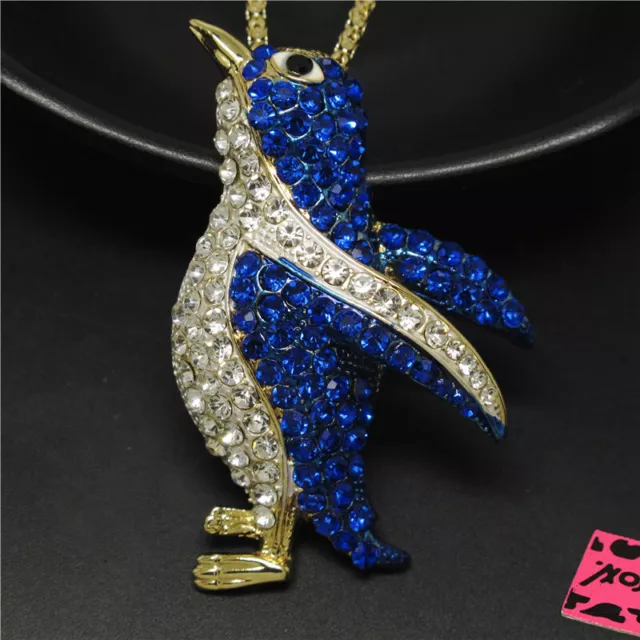 Fashion Women Lovely Penguin Blue Crystal Rhinestone Pendant Chain Necklace