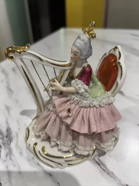 Antique Porcelain German Dresden Lace FigurineA Lady Playing Harp Little Damage