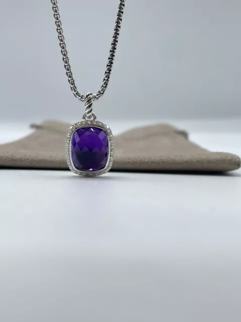 David Yurman Sterling Silver Noblesse 12x10 Amethyst Diamond Pendant Necklace