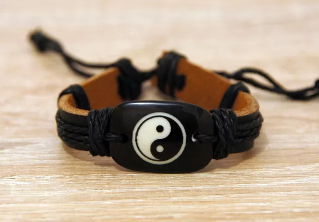 Bracciale Eco-Pelle / Cuoio Uomo Tao Tibetano Regolabile Nero Idea Regalo