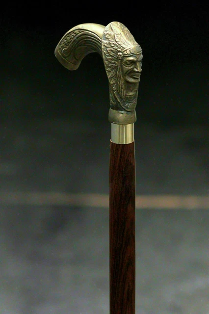 Handmade indian Chief Head Brass Color Walking Stick Walking Wooden Working Cane