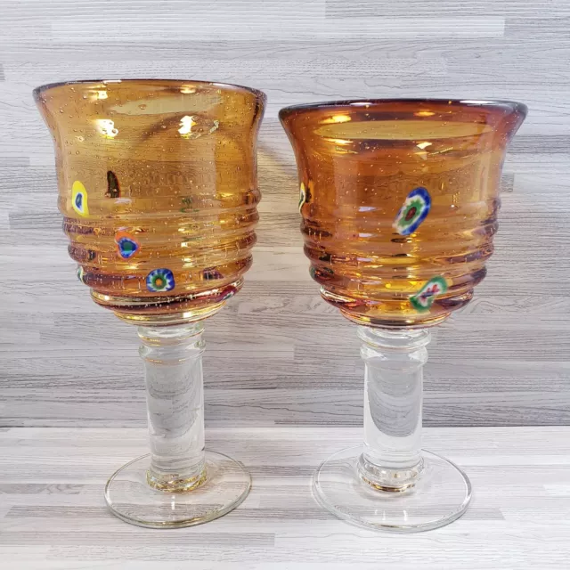 2-Mexican Heavy Amber Hand-Blown Art Glass Wine Water Goblets
