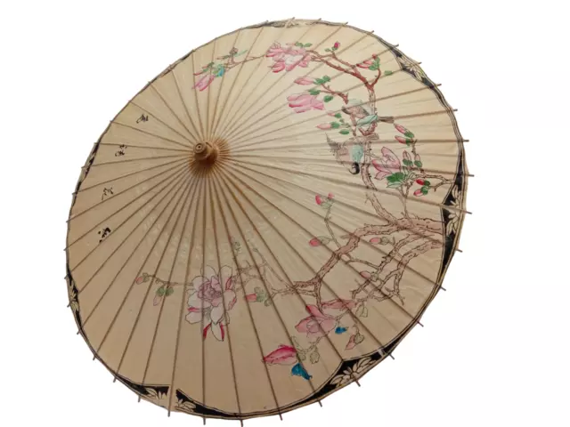 Vintage Paper Bamboo Parasol Umbrella Chinese Oriental Used 1m Diameter