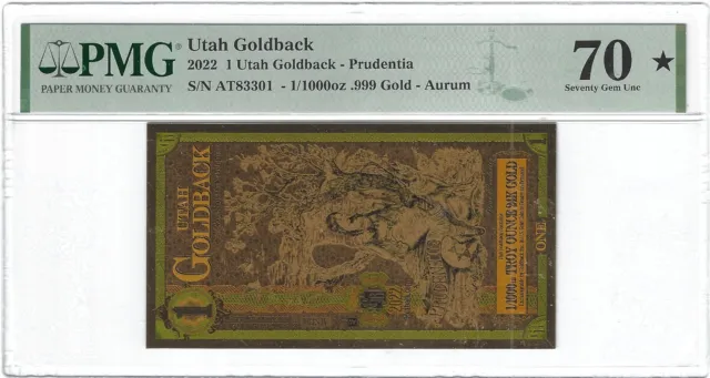 2021 1 Utah Goldback -Prudentia 1/1000 oz .999 Gold Foil Notes Aurum PMG 70*